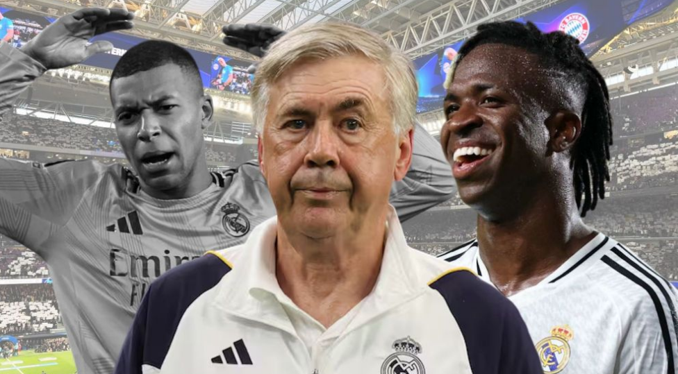 Mbappé en blanco y negro, Vinicius y Ancelotti delante con cara seria