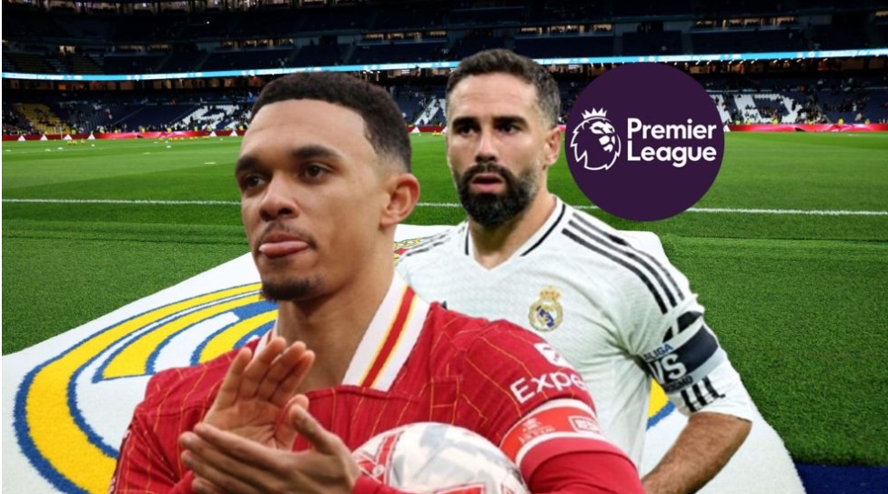 Alexander-Arnold, Dani Carvajal, el logo de la Premier League y el Santiago Bernabéu.