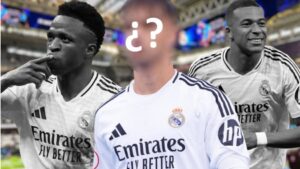 Jugador incógnito con Mbappé y Vinicius en blanco y negro y Bernabéu de fondo