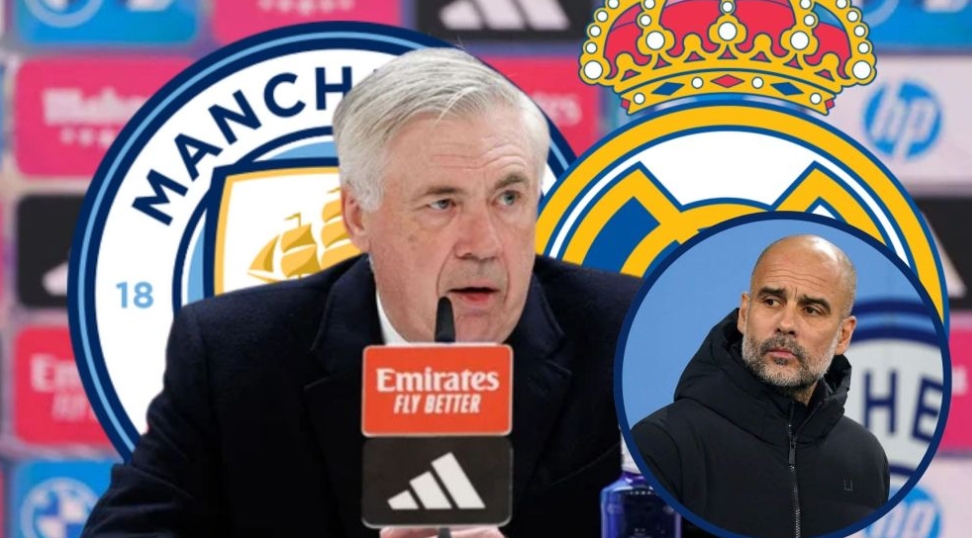 Guardiola y Ancelotti con los escudos City - Real Madrid