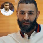 Karim Benzema y una foto de Kylian Mbappé.