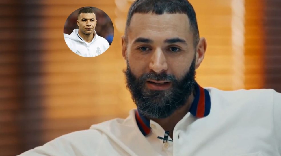 Karim Benzema y una foto de Kylian Mbappé.