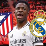 Vinicius con fondo de los escudos de Atlético y Real Madrid