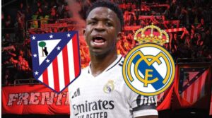 Vinicius con fondo de los escudos de Atlético y Real Madrid